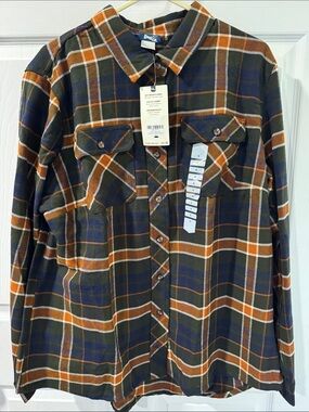 Duluth Trading Co Orange, Navy & Olive Plaid Button-Down Shirt